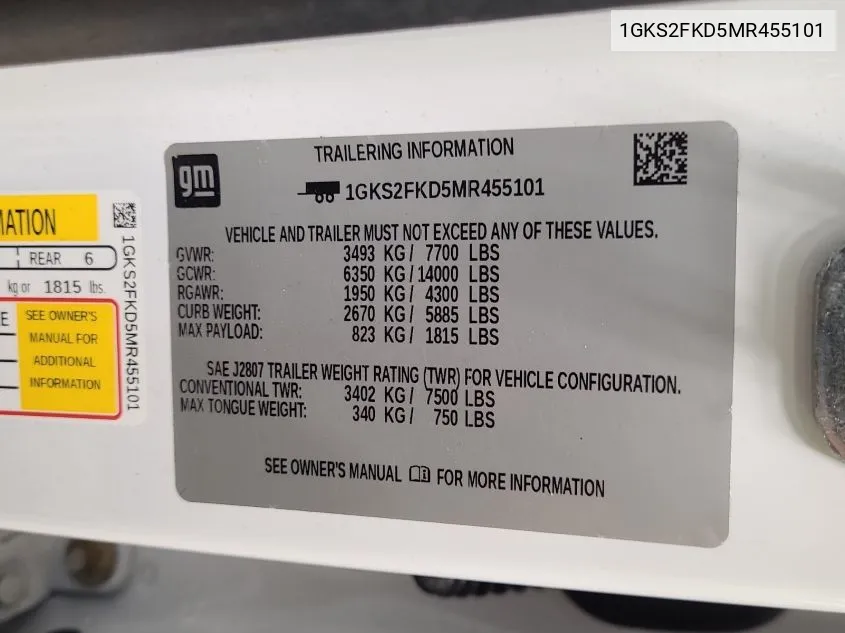 1GKS2FKD5MR455101 2021 GMC Yukon Xl 4Wd Sle