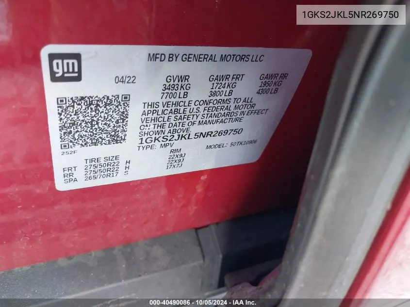 2022 GMC Yukon Xl Denali VIN: 1GKS2JKL5NR269750 Lot: 40490086