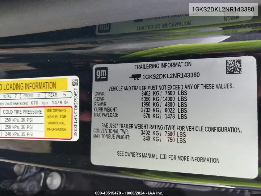 2022 GMC Yukon Denali VIN: 1GKS2DKL2NR143380 Lot: 40515479