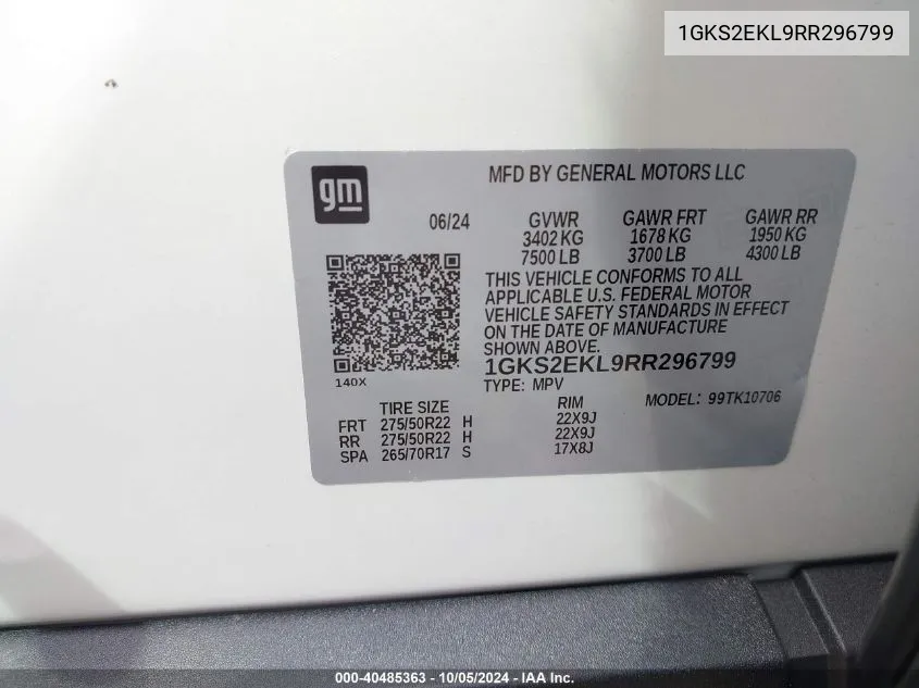 2024 GMC Yukon Denali Ultimate VIN: 1GKS2EKL9RR296799 Lot: 40485363