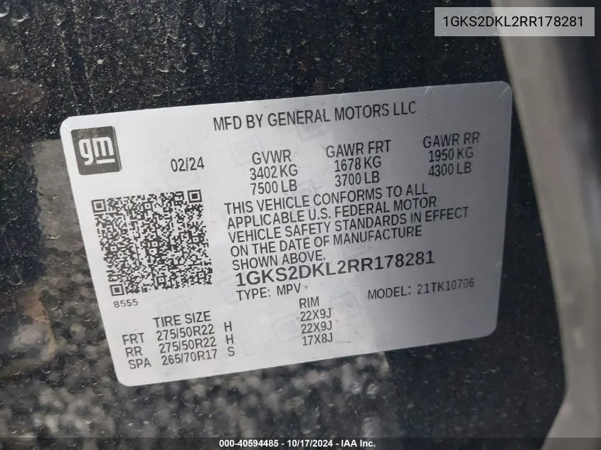 2024 GMC Yukon 4Wd Denali VIN: 1GKS2DKL2RR178281 Lot: 40594485