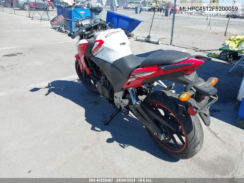 2015 Honda Cb500 F VIN: MLHPC4512F5200059 Lot: 40280467