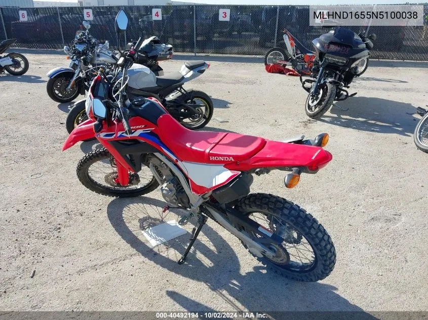 2022 Honda Crf300 La VIN: MLHND1655N5100038 Lot: 40492194