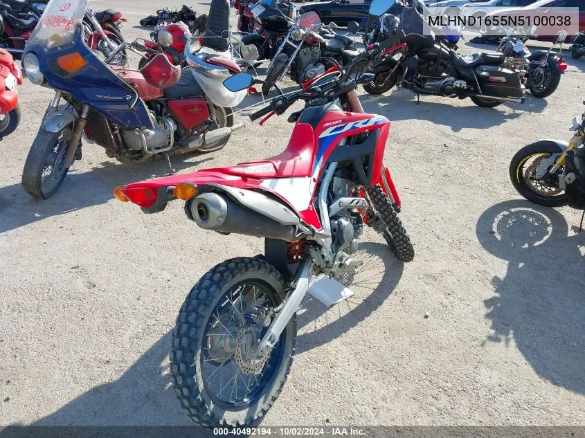 2022 Honda Crf300 La VIN: MLHND1655N5100038 Lot: 40492194