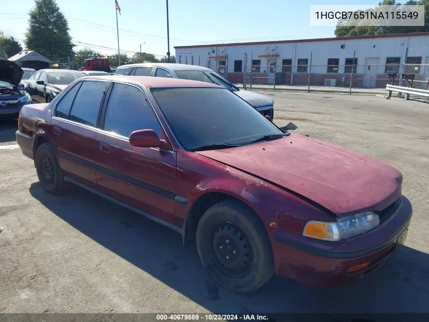 1992 Honda Accord Lx VIN: 1HGCB7651NA115549 Lot: 40679889