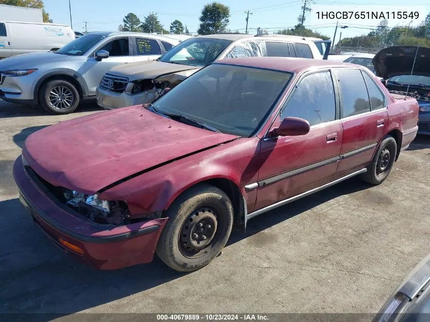 1992 Honda Accord Lx VIN: 1HGCB7651NA115549 Lot: 40679889