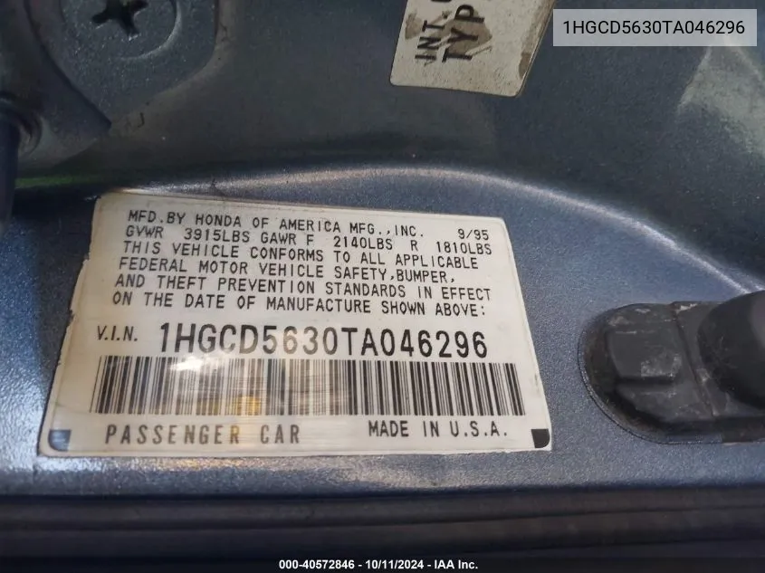 1HGCD5630TA046296 1996 Honda Accord Lx/Ex