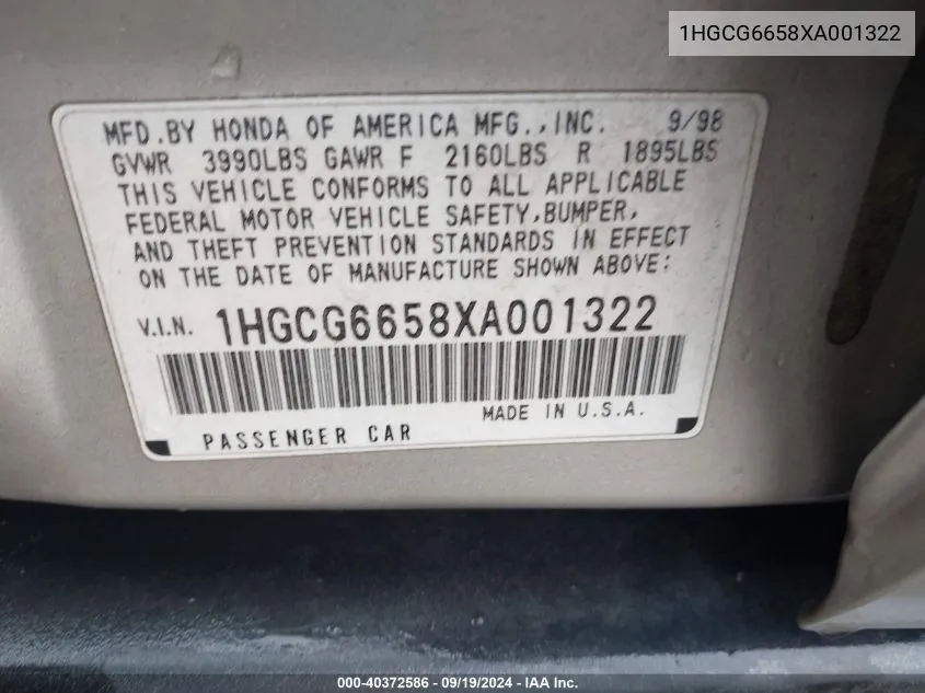 1999 Honda Accord Lx VIN: 1HGCG6658XA001322 Lot: 40372586