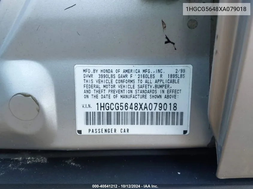 1HGCG5648XA079018 1999 Honda Accord Lx