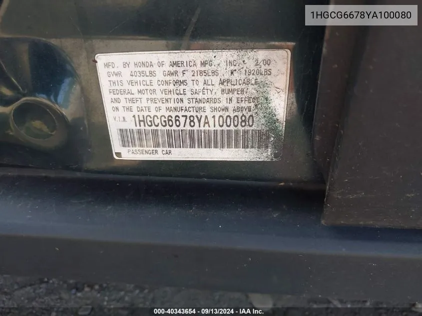 1HGCG6678YA100080 2000 Honda Accord 2.3 Ex