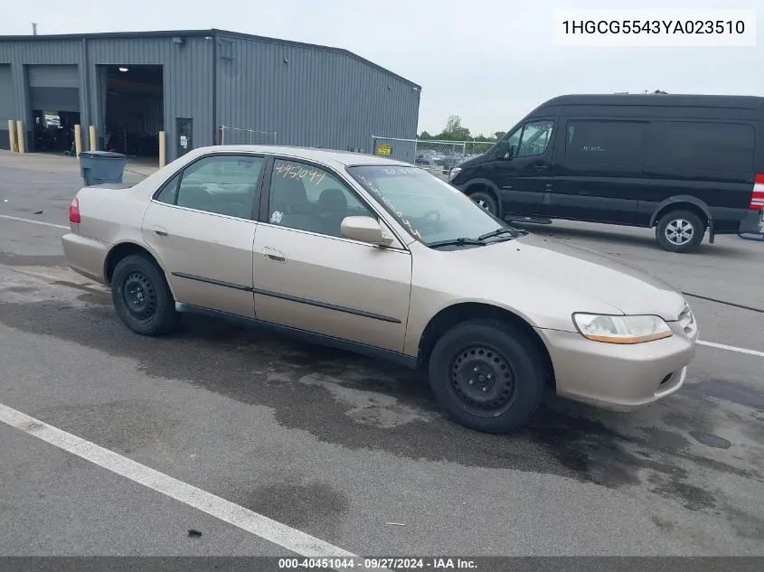 2000 Honda Accord 2.3 Lx VIN: 1HGCG5543YA023510 Lot: 40451044