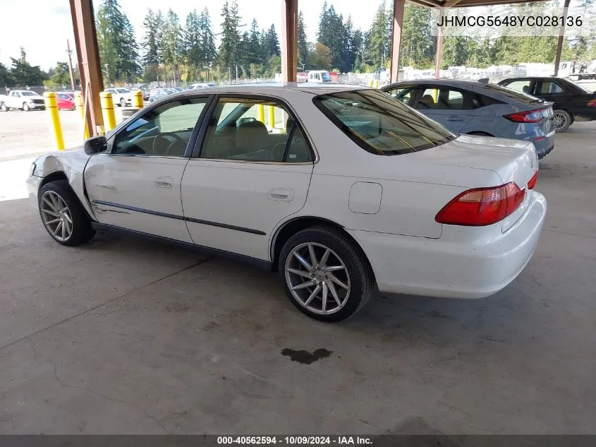 2000 Honda Accord 2.3 Lx VIN: JHMCG5648YC028136 Lot: 40562594