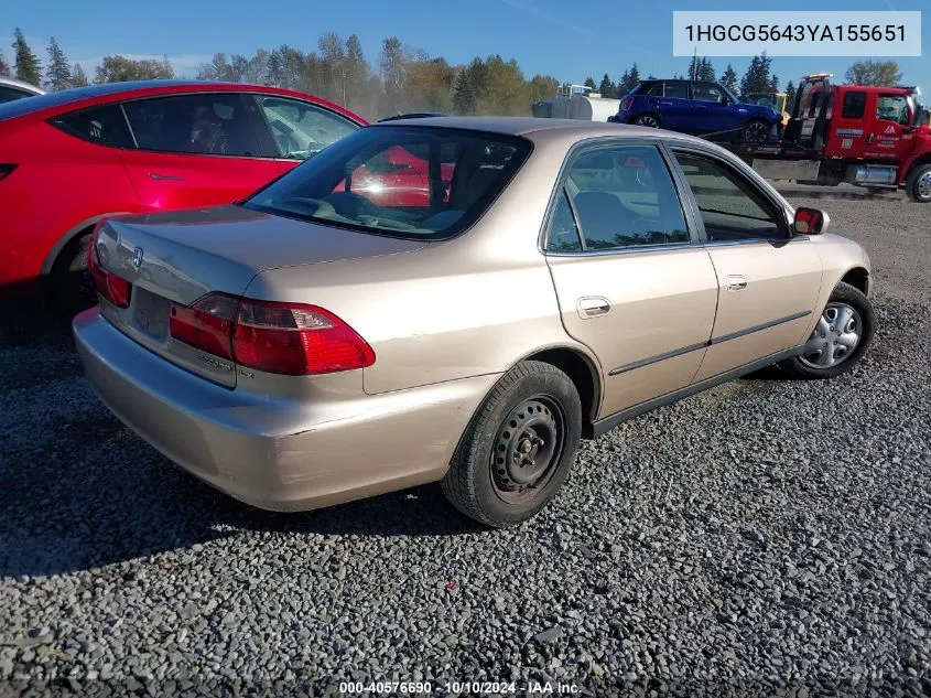 2000 Honda Accord 2.3 Lx VIN: 1HGCG5643YA155651 Lot: 40576690