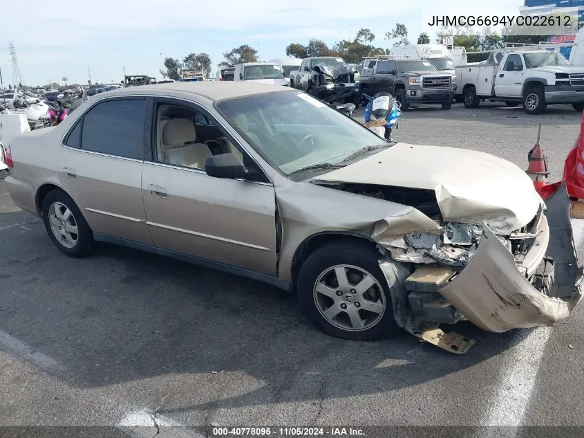 2000 Honda Accord 2.3 Se VIN: JHMCG6694YC022612 Lot: 40778095