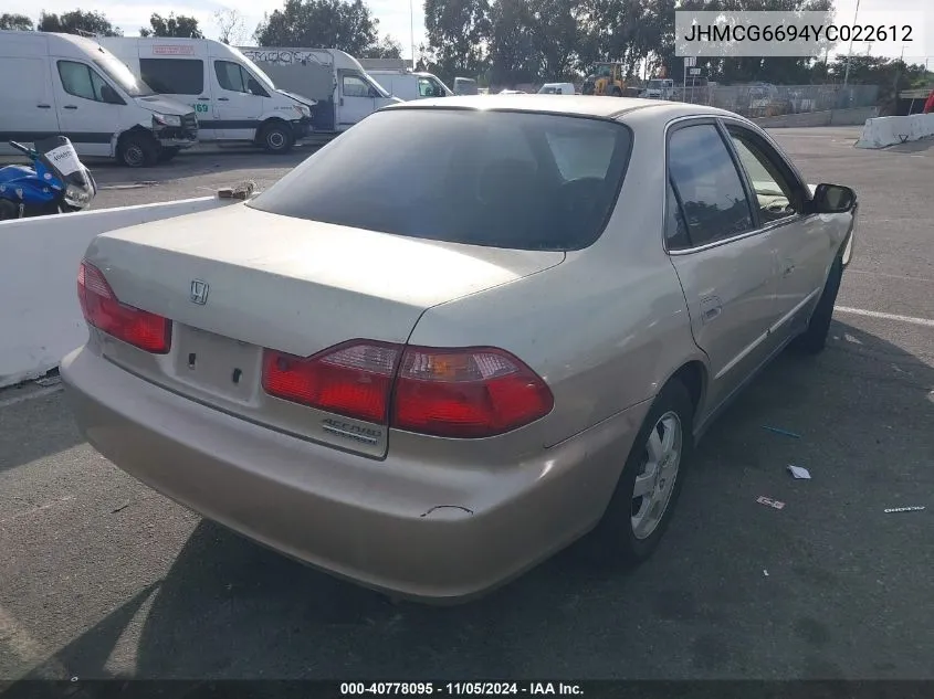 2000 Honda Accord 2.3 Se VIN: JHMCG6694YC022612 Lot: 40778095