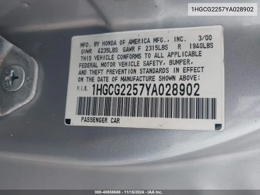 2000 Honda Accord 3.0 Ex VIN: 1HGCG2257YA028902 Lot: 40858688