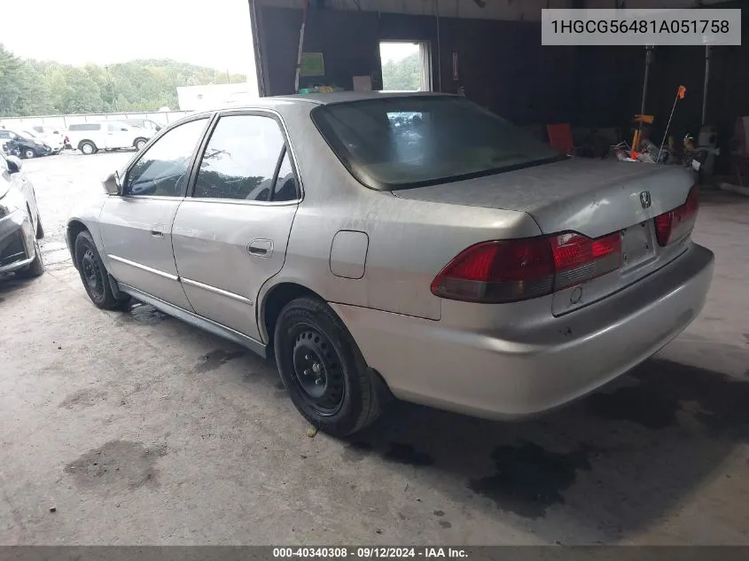 2001 Honda Accord 2.3 Lx VIN: 1HGCG56481A051758 Lot: 40340308