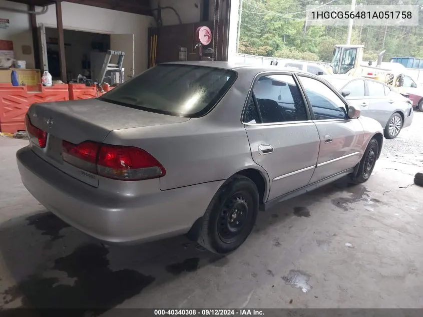 2001 Honda Accord 2.3 Lx VIN: 1HGCG56481A051758 Lot: 40340308