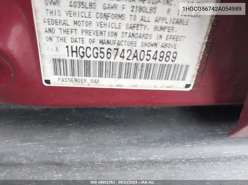 1HGCG56742A054989 2002 Honda Accord 2.3 Se