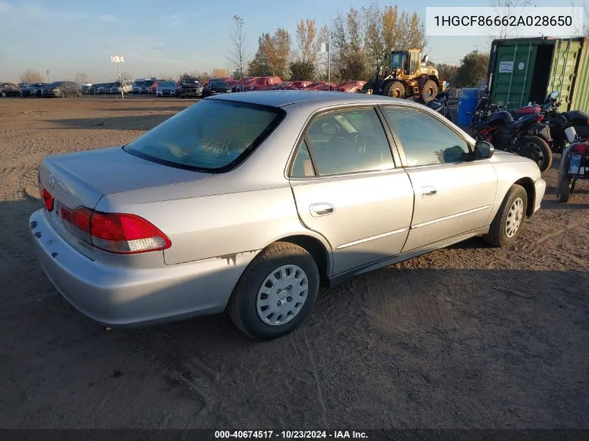 2002 Honda Accord 2.3 Vp VIN: 1HGCF86662A028650 Lot: 40674517