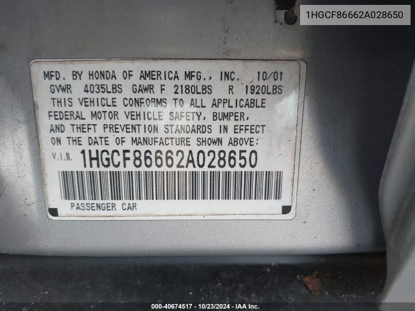 1HGCF86662A028650 2002 Honda Accord 2.3 Vp