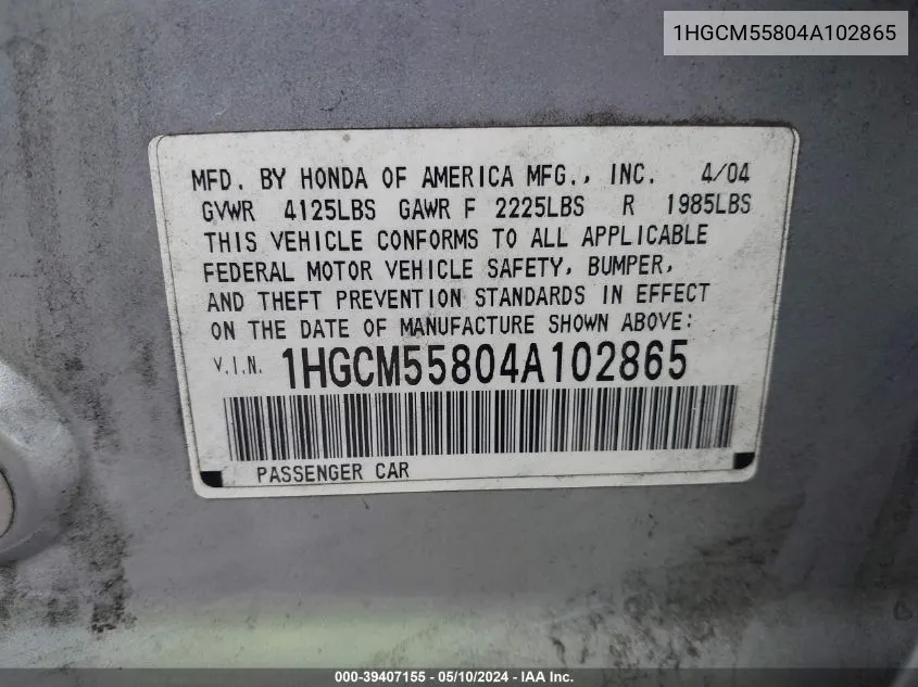 1HGCM55804A102865 2004 Honda Accord 2.4 Ex