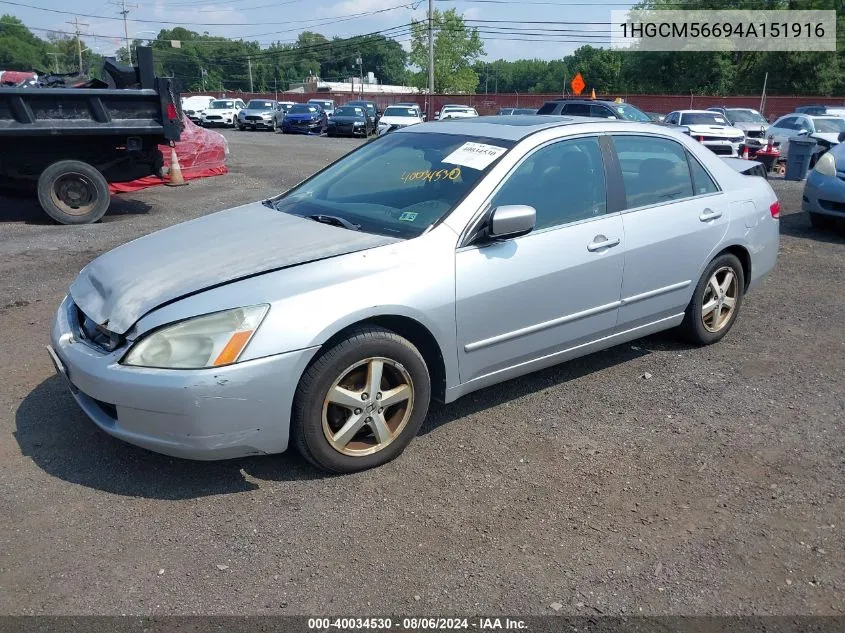 2004 Honda Accord 2.4 Ex VIN: 1HGCM56694A151916 Lot: 40034530