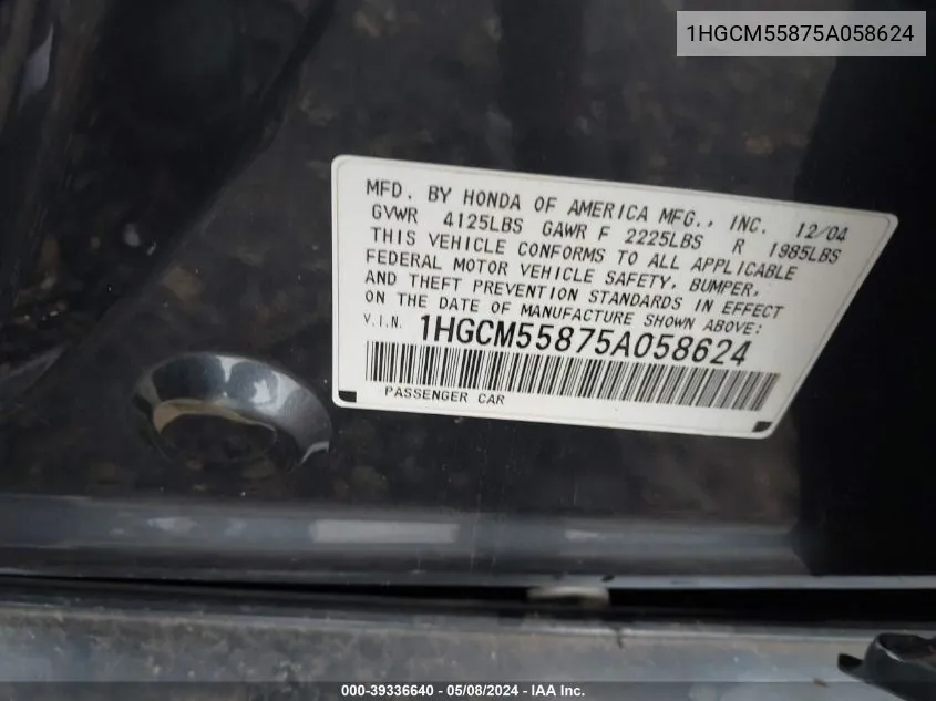 1HGCM55875A058624 2005 Honda Accord 2.4 Ex