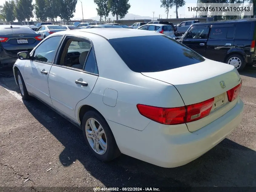 2005 Honda Accord 2.4 Dx VIN: 1HGCM561X5A190343 Lot: 40148582