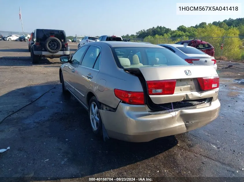 2005 Honda Accord 2.4 Ex VIN: 1HGCM567X5A041418 Lot: 40158704