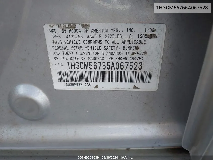 1HGCM56755A067523 2005 Honda Accord 2.4 Ex