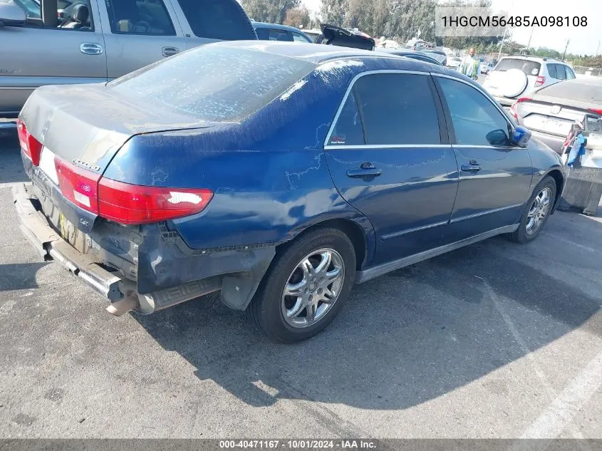 2005 Honda Accord 2.4 Lx VIN: 1HGCM56485A098108 Lot: 40471167