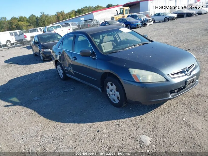 2005 Honda Accord 2.4 Lx VIN: 1HGCM56405A137922 Lot: 40540447