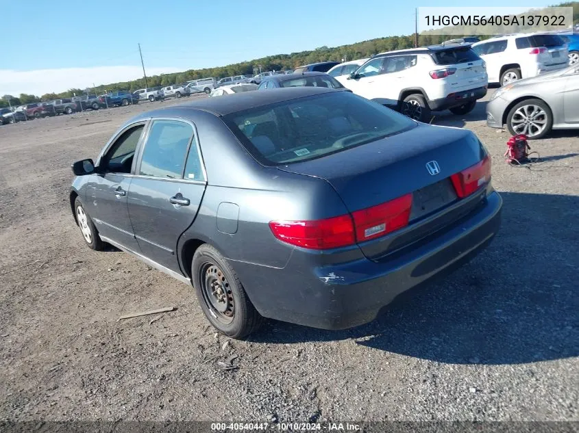 2005 Honda Accord 2.4 Lx VIN: 1HGCM56405A137922 Lot: 40540447