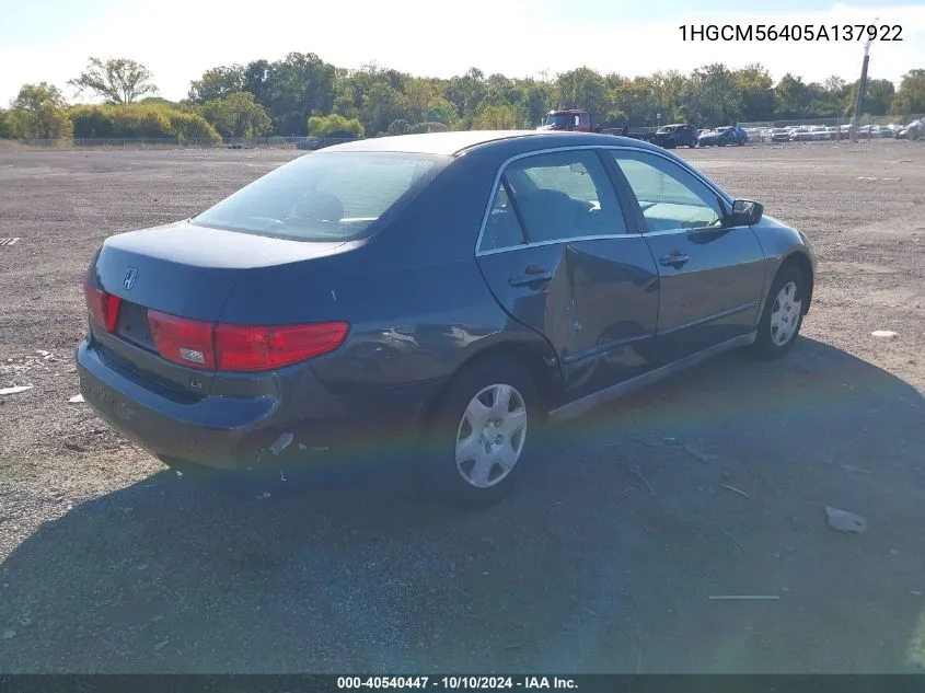 2005 Honda Accord 2.4 Lx VIN: 1HGCM56405A137922 Lot: 40540447