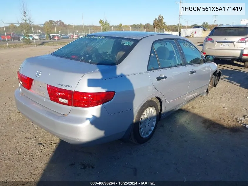 2005 Honda Accord Dx VIN: 1HGCM561X5A171419 Lot: 40696264