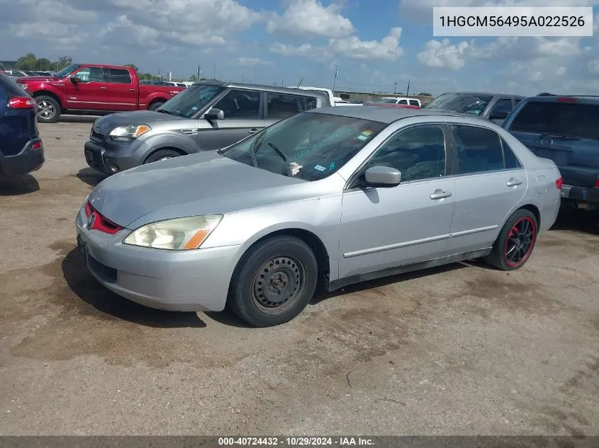 2005 Honda Accord 2.4 Lx VIN: 1HGCM56495A022526 Lot: 40724432