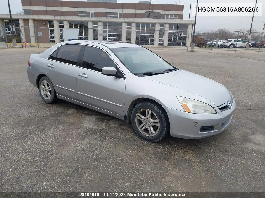 2006 Honda Accord Ex-L VIN: 1HGCM56816A806266 Lot: 20184910