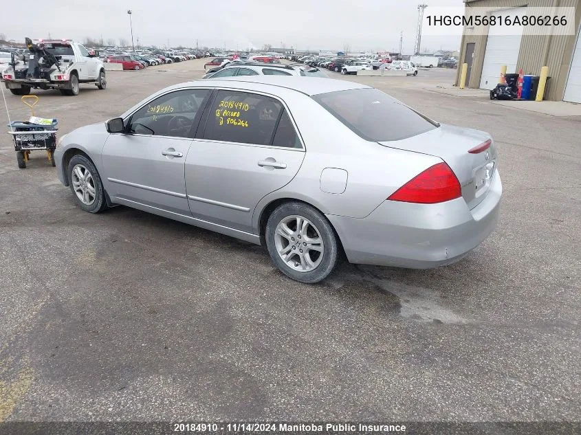 2006 Honda Accord Ex-L VIN: 1HGCM56816A806266 Lot: 20184910