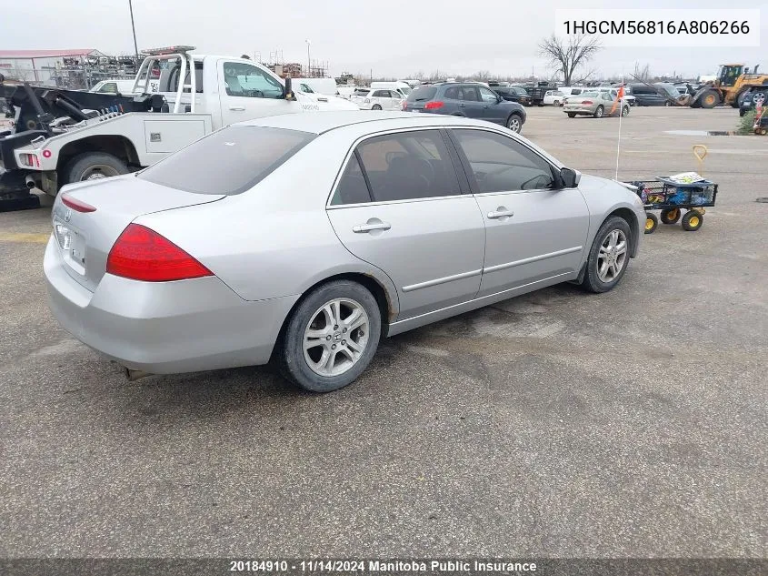 2006 Honda Accord Ex-L VIN: 1HGCM56816A806266 Lot: 20184910