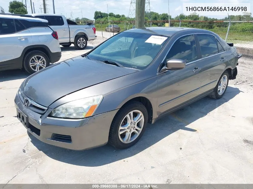 2006 Honda Accord 2.4 Ex VIN: 1HGCM56866A146998 Lot: 39660385