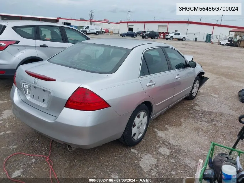 2006 Honda Accord 2.4 Lx VIN: 3HGCM56486G700024 Lot: 39824186