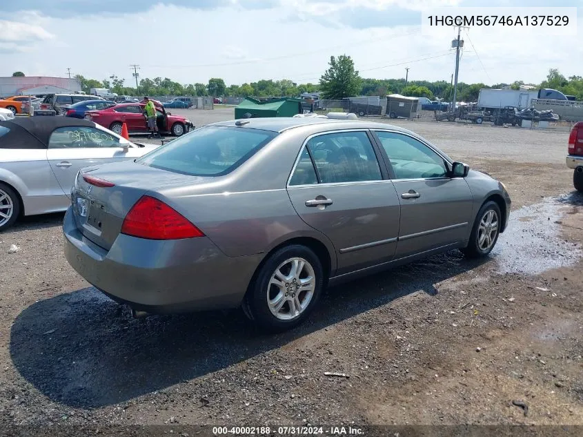 2006 Honda Accord 2.4 Ex VIN: 1HGCM56746A137529 Lot: 40002188