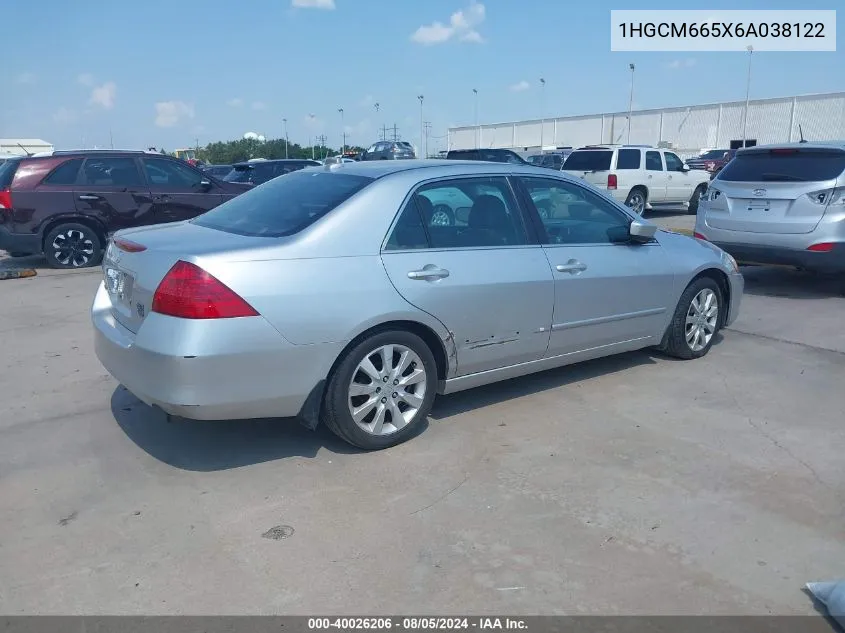 2006 Honda Accord 3.0 Ex VIN: 1HGCM665X6A038122 Lot: 40026206