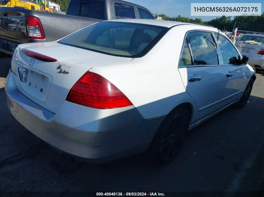 2006 Honda Accord 2.4 Se VIN: 1HGCM56326A072175 Lot: 40048136