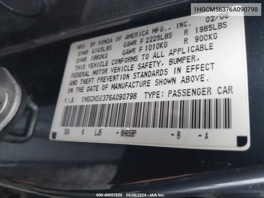 1HGCM56376A090798 2006 Honda Accord Se