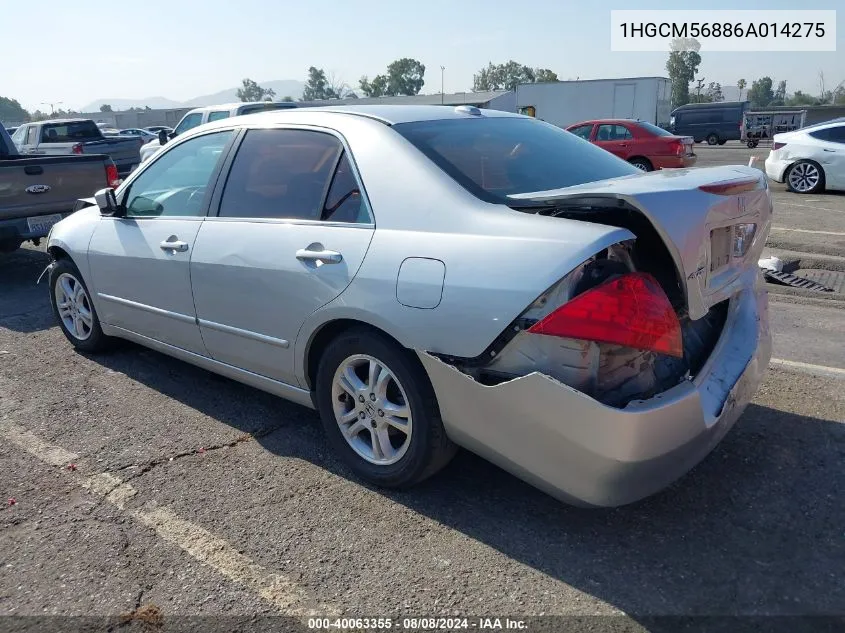 2006 Honda Accord 2.4 Ex VIN: 1HGCM56886A014275 Lot: 40063355