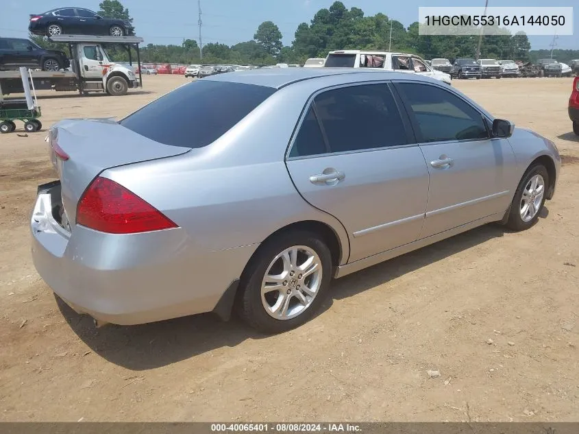 2006 Honda Accord 2.4 Se VIN: 1HGCM55316A144050 Lot: 40065401