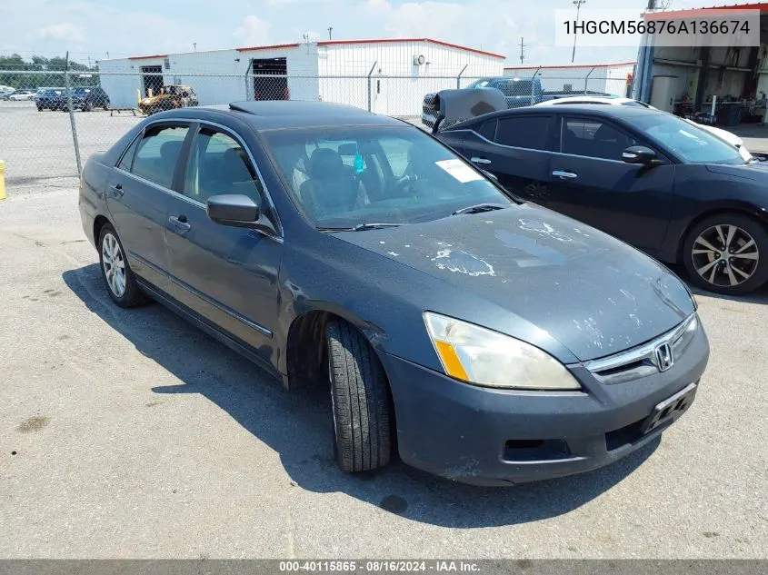 2006 Honda Accord 2.4 Ex VIN: 1HGCM56876A136674 Lot: 40115865