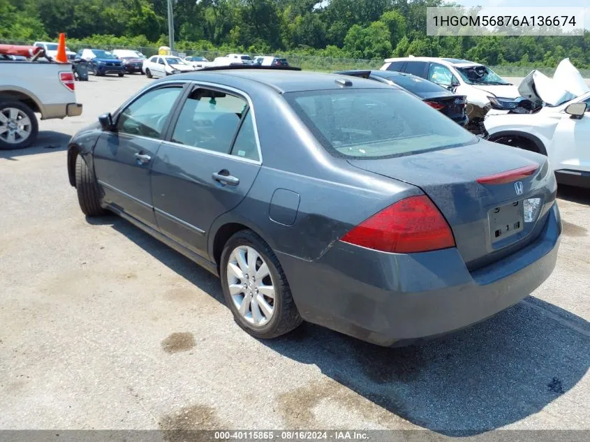 2006 Honda Accord 2.4 Ex VIN: 1HGCM56876A136674 Lot: 40115865